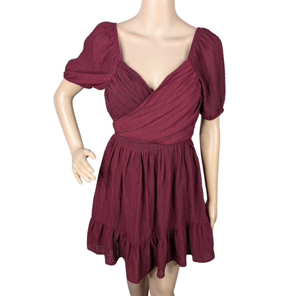 Altar'd State Burgundy Crinkle Stripe Faux Wrap Puff Sleeve Mini Dress Small S